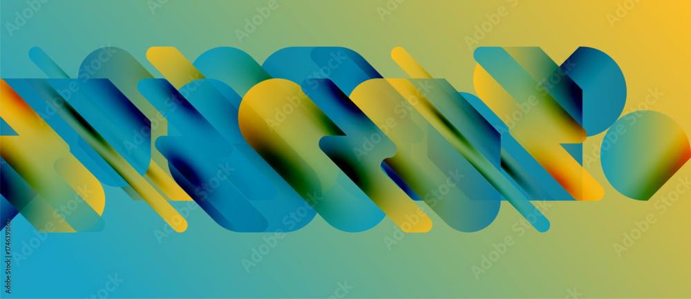 Fototapeta premium Abstract design features layered, colorful rectangles. Gradient blends yellow, teal, blue creating dynamic visual effect. Modern, geometric composition.