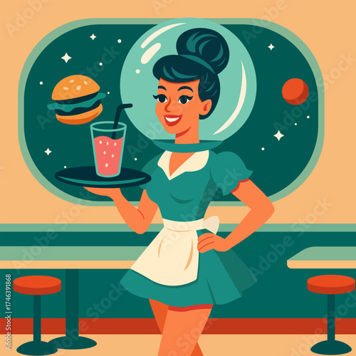 Vector illustration of a cheerful waitress in a space-themed retro diner holding a tray with a burger and drink. Futuristic 1950s style concept with vintage colors and sci-fi atmosphere.