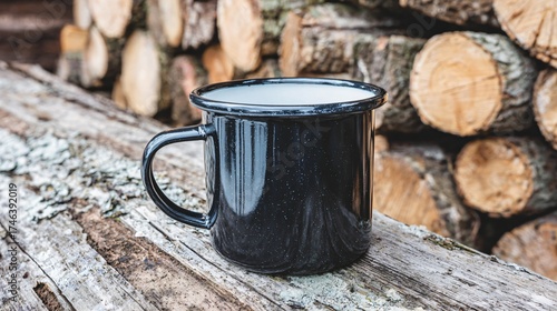 Cozy black enamel mug rests on rustic wood against a backdrop of stacked firewood, evoking warmth and outdoor adventure.