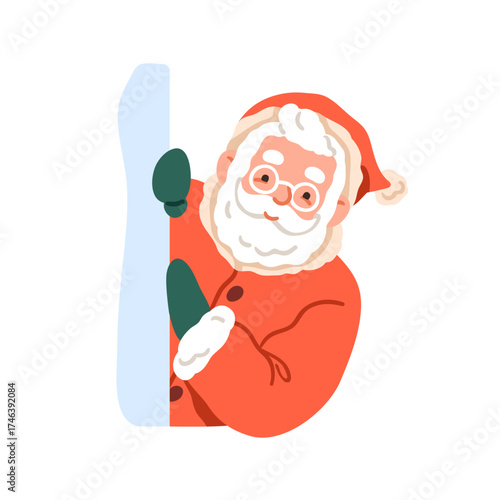 Santa Claus peeking out from behind snow wall. Happy smiling Christmas character looking, watching, peeping for festive winter holiday surprise. Flat vector illustration isolated on white background