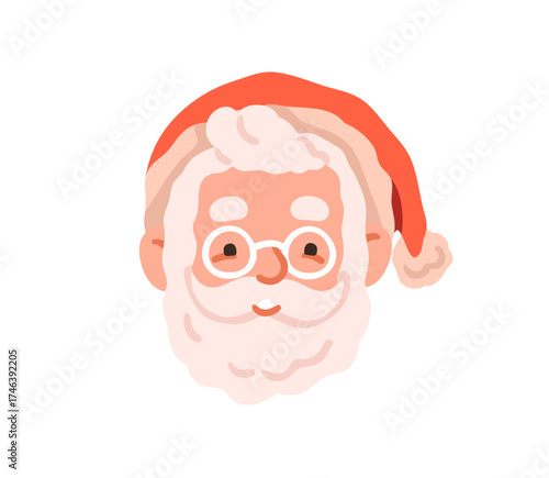 Santa Claus head. Christmas character with smiling face, beard, red hat, glasses, avatar. Festive Xmas and New Year, winter holiday man. Flat vector illustration isolated on white background