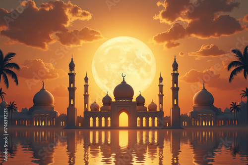 Islamic greeting Eid Mubarak cards for Muslim Holidays.Eid-Ul-Adha festival celebration. Ramadan Kareem background with mosque arch.