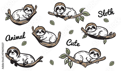 Sloths On Tree Icons Set - Vector Illustrations On White Background
