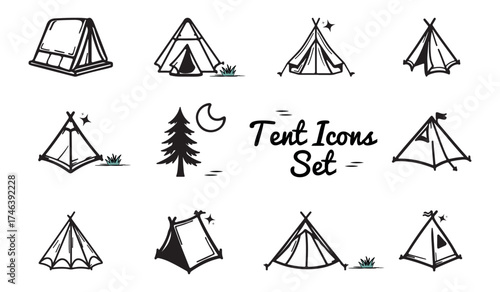 Flat Camping Tent Icons Set - Vector Illustrations Isolated On White Background