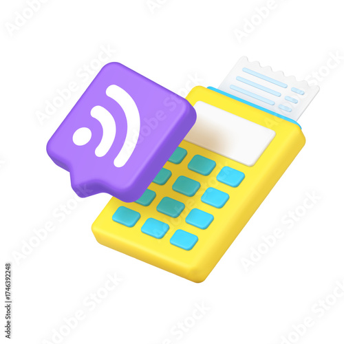 Wireless payment terminal with printed receipt and wifi signal icon. Perfect for finance, transaction, internet, billing, online shopping, communication, smart pay. 3d icon vector illustration