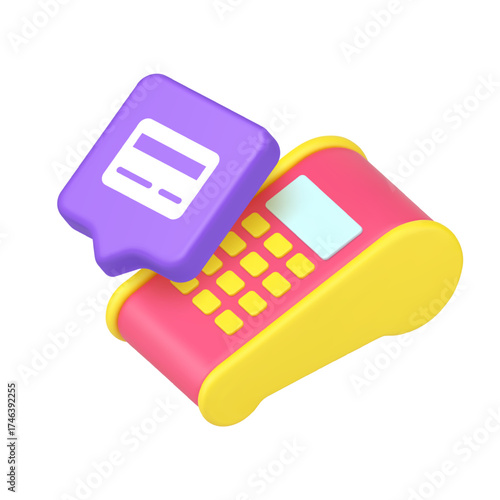 Payment terminal and credit card symbol representing transaction, finance, banking, checkout, pay, money, shopping, digital, service, business. 3d icon realistic vector illustration