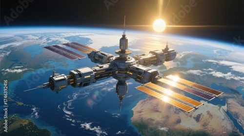 Fototapeta Naklejka Na Ścianę i Meble -   a space station in orbit with the sun in the background, surrounded by a vast expanse of sky and clouds The image is animated, giving it a dynamic feel