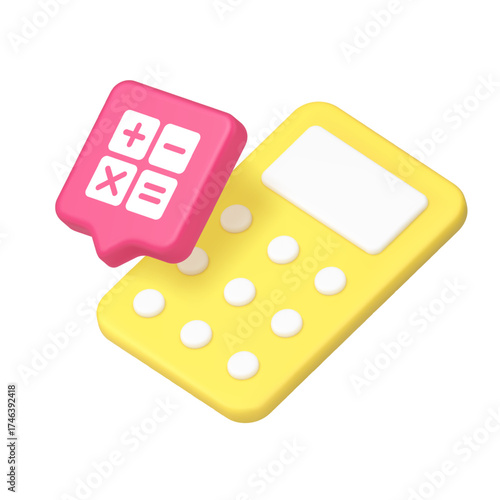 Bright calculator icon with arithmetic symbols representing finance, calculation, math, accounting, business, finance tools, budget, analysis, digital interface. 3d icon realistic vector illustration