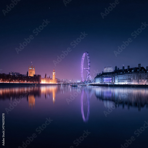 Serene nightscape featuring iconic landmarks mirrored in tranquil waters. Evokes travel, dreams,  urban beauty. Ideal for tourism, finance,  lifestyle concepts.