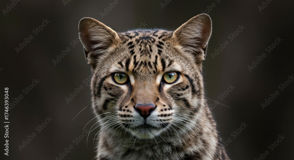 Fototapeta premium Close up portrait of a wild cat with distinctive markings and focused gaze against a blurred background