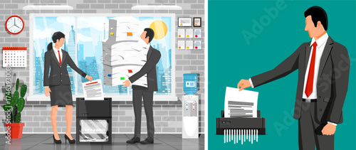 Woman and man shredding documents in office. Business partners destroying paper file. Confidential information and data protection concept.
