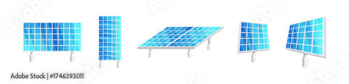 Set of various blue solar panels in flat style. Alternative renewable energy source for sustainable power generation illustration.