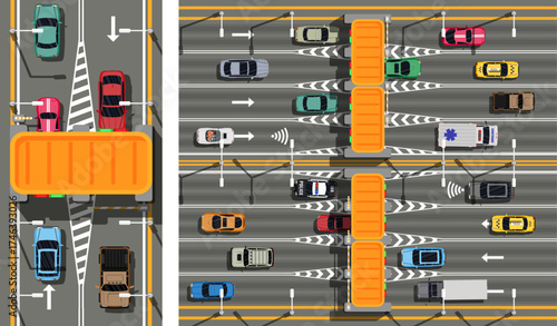 Toll road in flat style vector graphic. Highway with cars passing through electronic toll gates. Digital illustration for traffic and transportation concept.