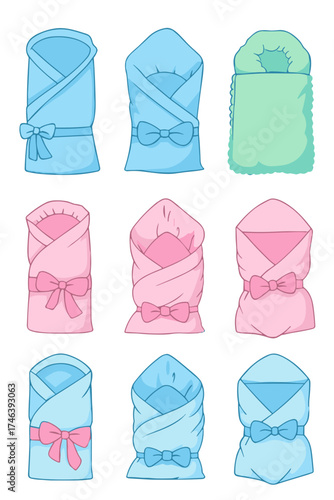 Set of baby swaddles and blankets in pink and blue colors, cute vector illustration for newborn care and maternity design, soft pastel palette