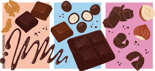 Vector illustration set of assorted chocolates, featuring different shapes, fillings, and toppings. Includes truffles, pralines, chocolate bars, bonbons, and cocoa pieces in a clean, modern flat style