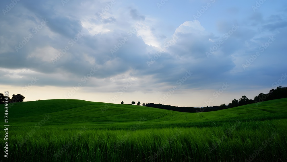 Fototapeta premium Rolling green hills under a dramatic cloudy sky at dusk