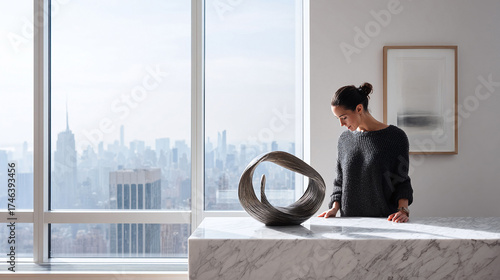 Woman admiring art. Sculpture on marble counter against a breathtaking city skyline. Conceptual image of sophistication, elegance, and aspiration. Interior design.