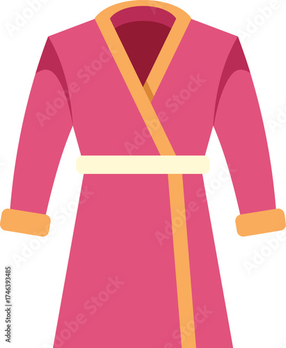 Pink bathrobe hanging open showing yellow lining, relaxing clothing for after a shower or bath