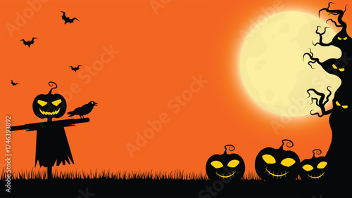 Scary Halloween Background Or Wallpaper Of Pumpkins And Dead Trees On A Full Moon Night