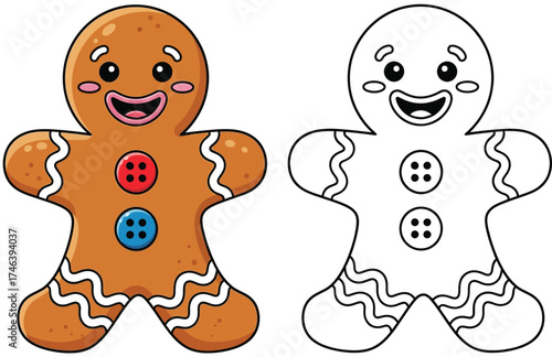 Cute Gingerbread Man Cartoon Character with Outline for Coloring Book