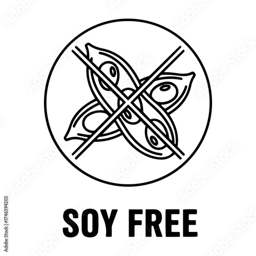 Vector soy free icon featuring crossed out soybeans inside a circle with text below it