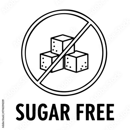 Vector illustration of sugar cubes inside a crossed out circle with sugar free text