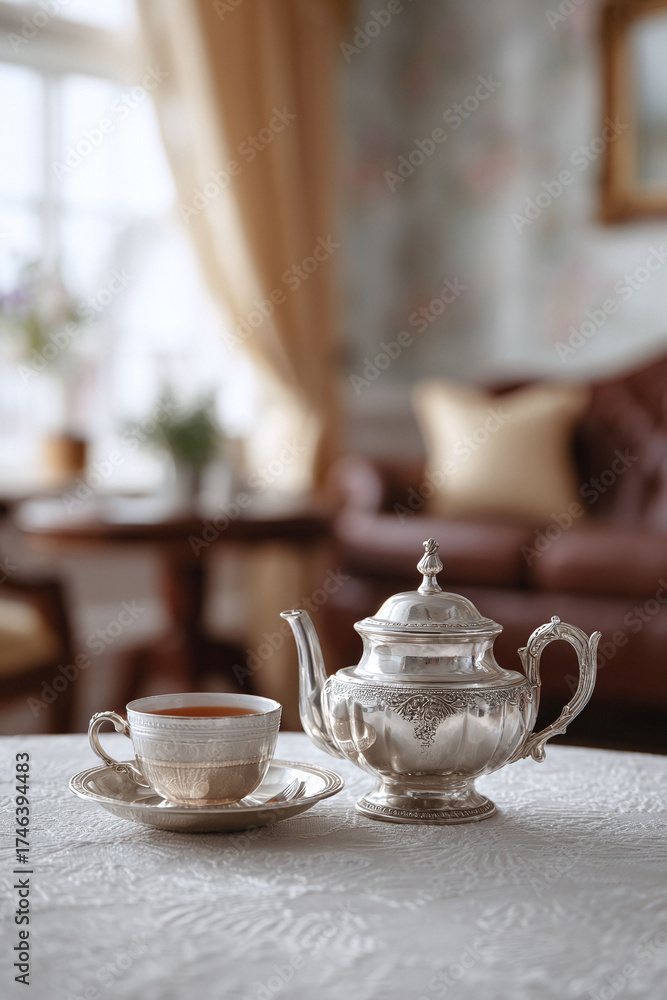 Fototapeta premium Elegant silver teapot and cup of tea on a lace tablecloth. Evokes themes of afternoon tea, refinement, and relaxation. Ideal for food, lifestyle or hospitality uses.