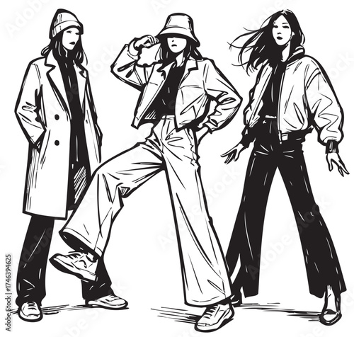 sketch illustration of three fashion models in street style. Female silhouettes wearing modern urban outfits coat, very wide pants , with dynamic poses