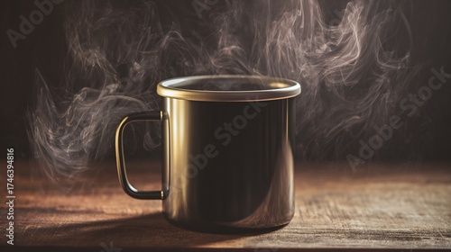 Steaming hot mug of comforting beverage on rustic wooden table evoking warmth and relaxation