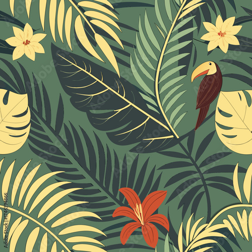 A vibrant jungle scene with a toucan perched among tropical foliage