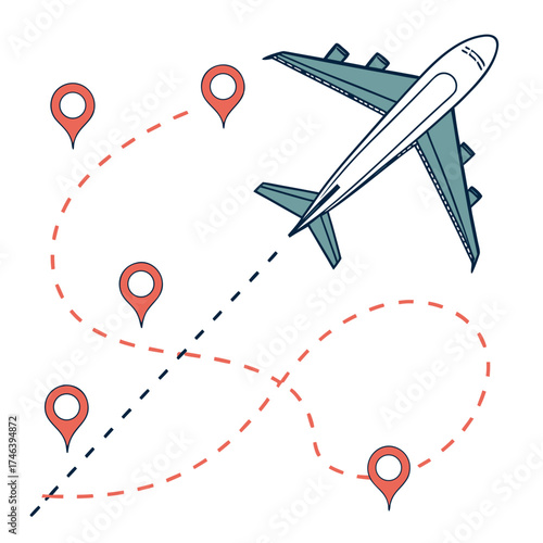 Airplane flying with destination pins