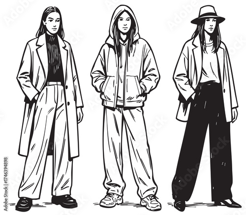 sketch illustration of three fashion models in street style. Female silhouettes wearing modern urban outfits coat, very wide pants , with dynamic poses