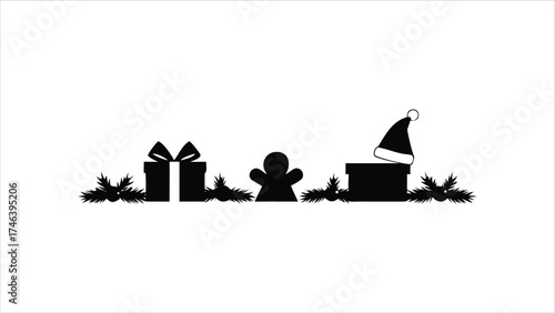 Festive Christmas silhouette scene featuring gifts, a gingerbread man, a Santa hat, a snowflake, and a snowy landscape for holiday design. A touch of winter magic and Christmas cheer to greeting cards