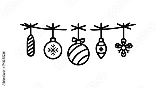 Charming Christmas ornaments, garland, and festive seasonal decorations simple line art style for holiday projects, touch of rustic, homemade holiday spirit to cards, invitations, digital designs