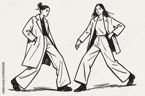 Abstract primitive fashion sketch illustration. Female silhouettes wearing autumn coat, very wide pants , with dynamic poses