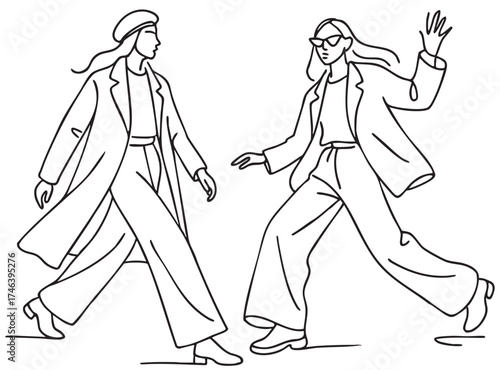 Abstract primitive fashion line illustration. Female silhouettes wearing autumn coat, very wide pants , with dynamic poses