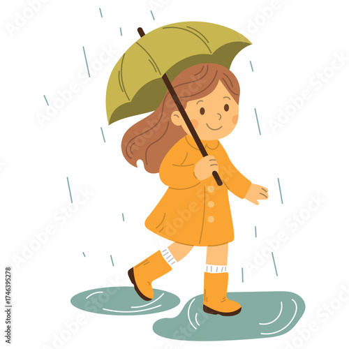 A vector illustration of a little girl in a yellow raincoat with an umbrella in the rain. This cute flat style is perfect for children's books, fall designs, or weather-themed projects