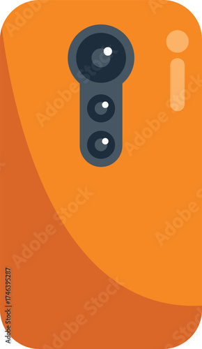 Orange smartphone showing its back side with triple camera and flash, simple flat vector illustration isolated on white background