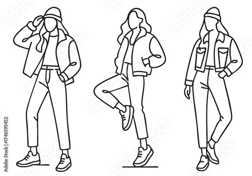 Abstract primitive fashion line illustration. Female silhouettes wearing autumn coat, very wide pants , with dynamic poses