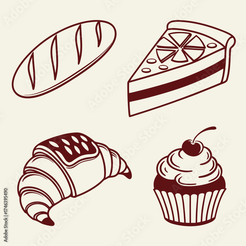 Pastry icons featuring bread, pie, croissant, and cupcake