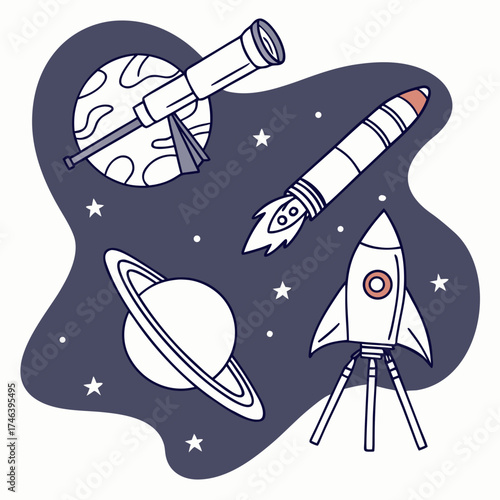Space exploration icons with a telescope, rocket, and planet