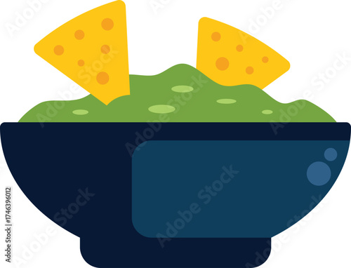 Bowl is holding guacamole dip with two tortilla chips dipping into the green goodness