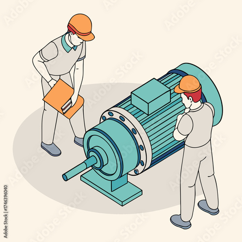 Industrial maintenance worker inspecting bearing wear on large electric motor in cartoon isometric style, emphasizing reliability and precision engineering.