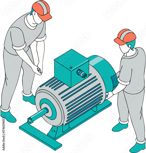 Industrial isometric cartoon of motor repair technician performing preventive maintenance on bearing system to ensure smooth mechanical operation.