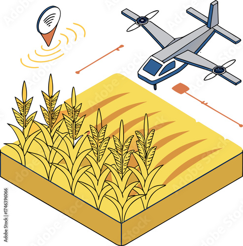 Isometric vector of farming drone spraying cornfield, symbolizing digital agriculture, precision spraying system, and sustainable agricultural technology concept.