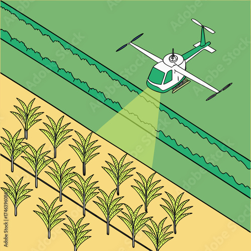 Modern agricultural drone in isometric view spraying corn crops, illustrating smart farming, automation, and efficient crop protection technology.
