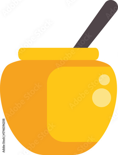 Honey dripping from a wooden honey dipper into a jar of honey with a honeycomb pattern background