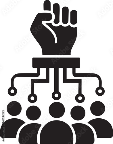 raised fist glyph icon with circuit lines and community figures vector