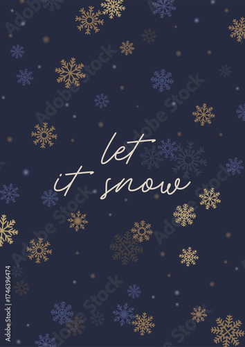 Snow flakes, winter holiday card design with greeting phrase, quote. Falling ...