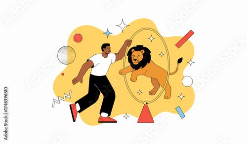 lion tamer with a lion jumping through a hoop vector illustration, a circus act and animal training